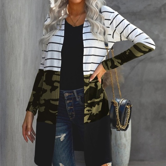 Sweaters - Camo striped color block open front cardigan